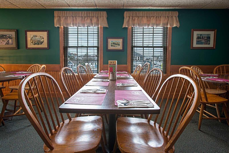 Dining room with table set for eight
